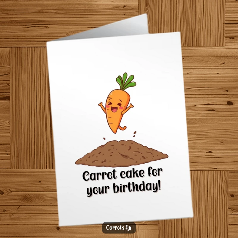 Funny Free Printable Birthday Card: a happy carrot character leaps into a pile of loose soil with pure delight.
