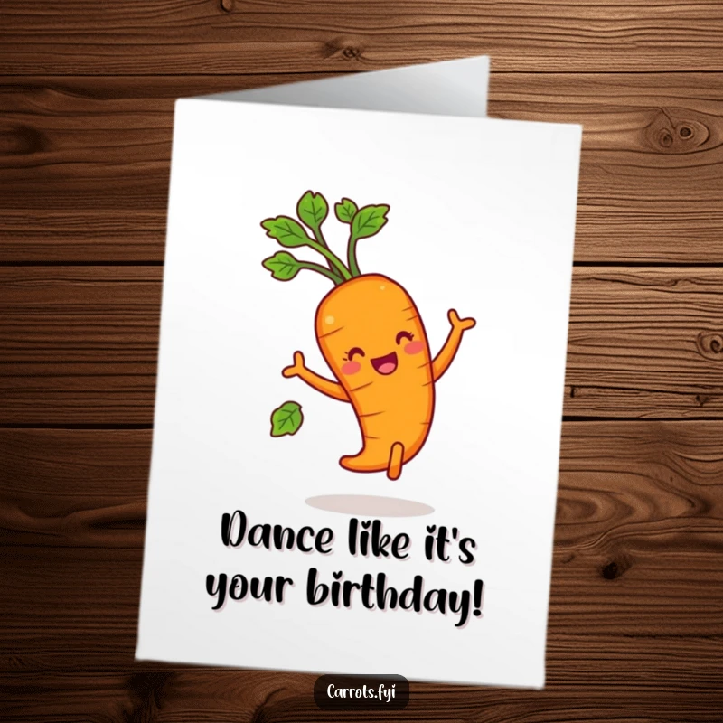 Funny Free Printable Birthday Card: A carrot joyfully dancing with a bunch of leafy greens, celebrating a birthday.