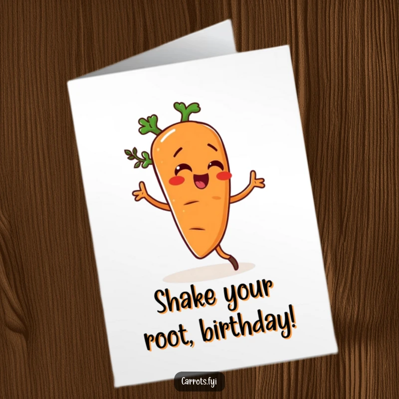 Funny Free Printable Birthday Card: Carrot character doing a silly dance, seasoned with herbs, looking energetic.