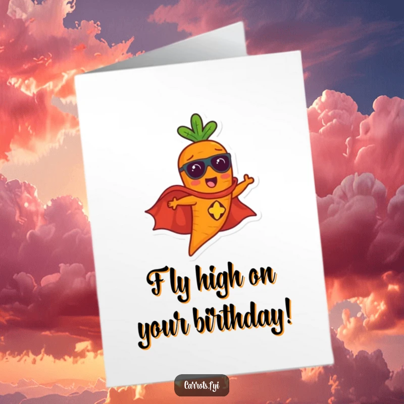 Funny Free Printable Birthday Card: A carrot in a superhero cape flies through the air with determination, ready to deliver birthday wishes.