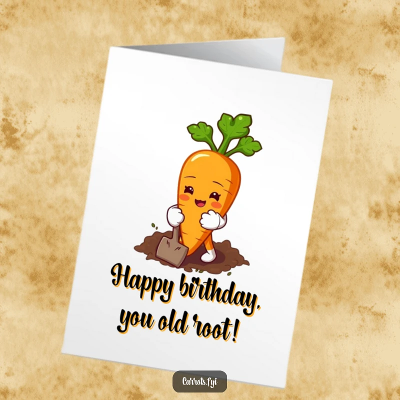 Funny Free Printable Birthday Card: a carrot character wearing tiny gloves happily digs in the earth.