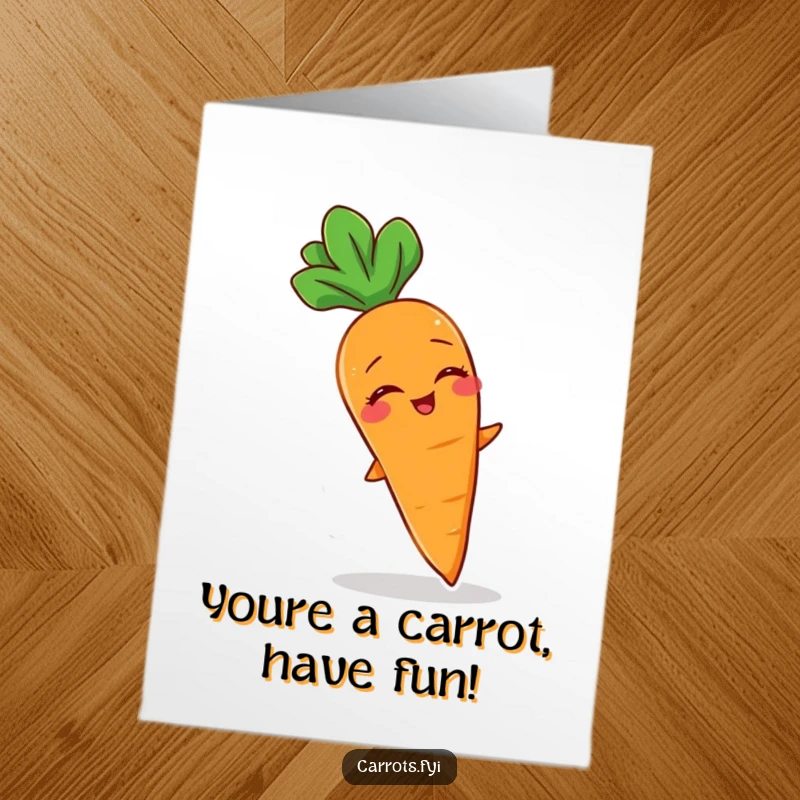 Funny Free Printable Birthday Card: Giggling carrot character playfully swaying as a gentle breeze rustles its leaves, a joyful scene.