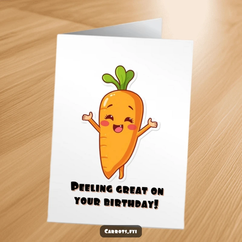 Funny Free Printable Birthday Card: a carrot character enthusiastically peels itself, showing a bright, smiling inner surface.
