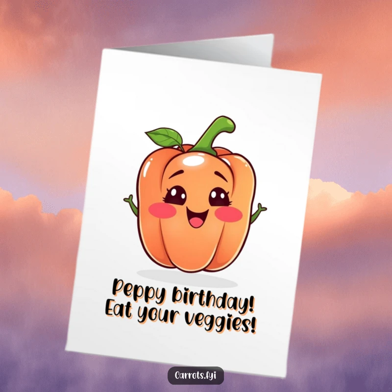 Funny Free Printable Birthday Card: A happy bell pepper character making a silly face, ready to deliver birthday laughs.