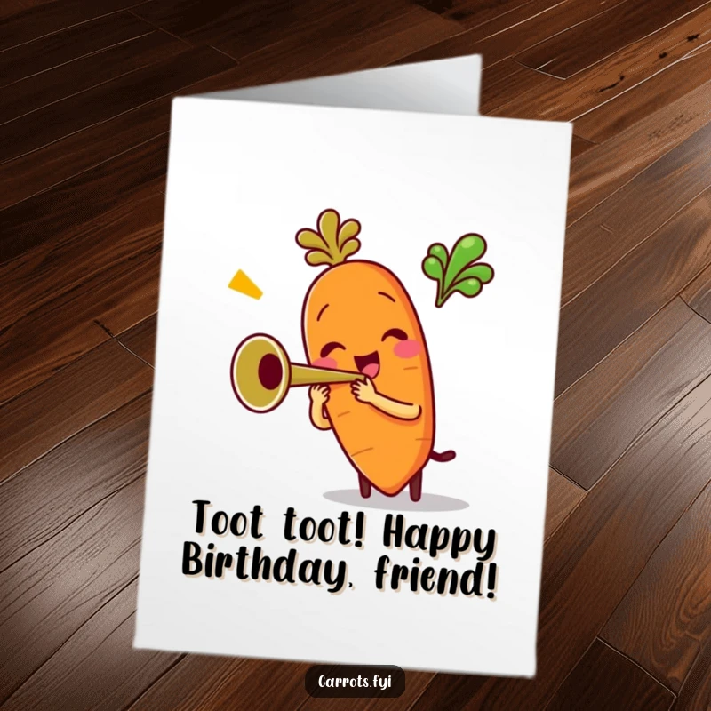 Funny Free Printable Birthday Card: Anthropomorphic carrot character enthusiastically playing a tiny trumpet, announcing birthday joy.