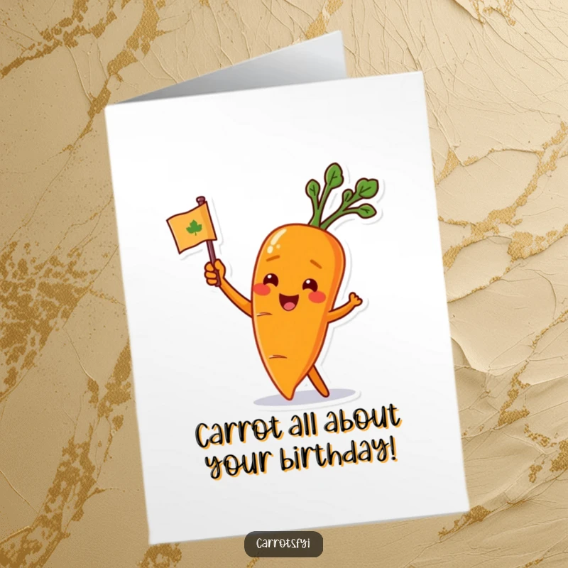 Funny Free Printable Birthday Card: Carrot enthusiastically waving a small leafy flag, full of festive energy.