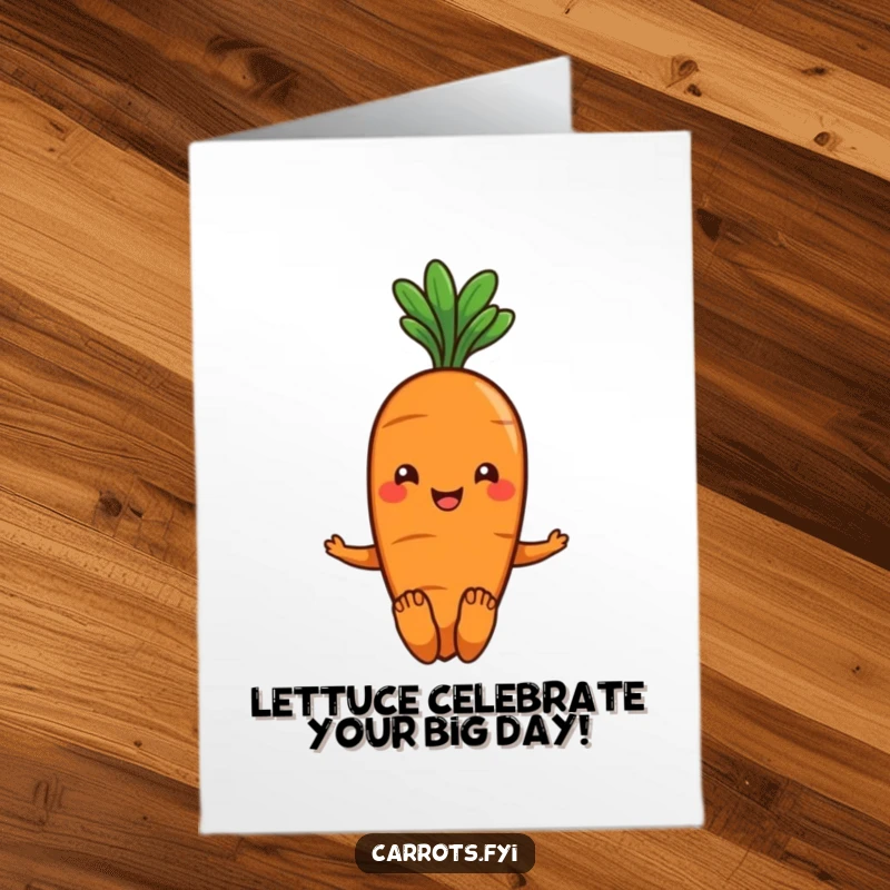 Funny Free Printable Carrot Birthday Card: A smiling carrot with leafy hair wiggling its toes, spreading happy birthday cheer, downloadable art.