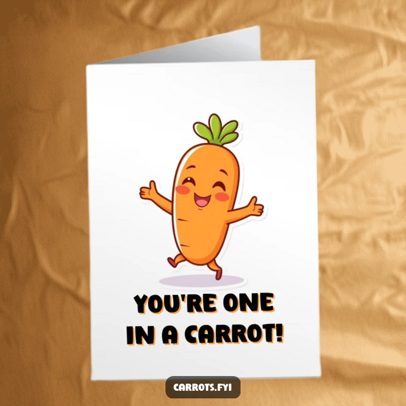 Funny Free Printable Birthday Card: A vibrant carrot character enthusiastically doing a happy dance, spreading birthday cheer.