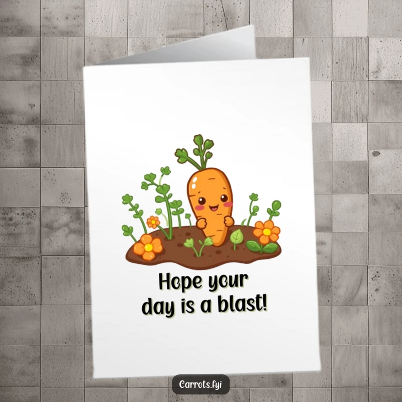 Funny Free Printable Birthday Card: Mischievous carrot character peeking out from a garden patch. A fun downloadable gift.