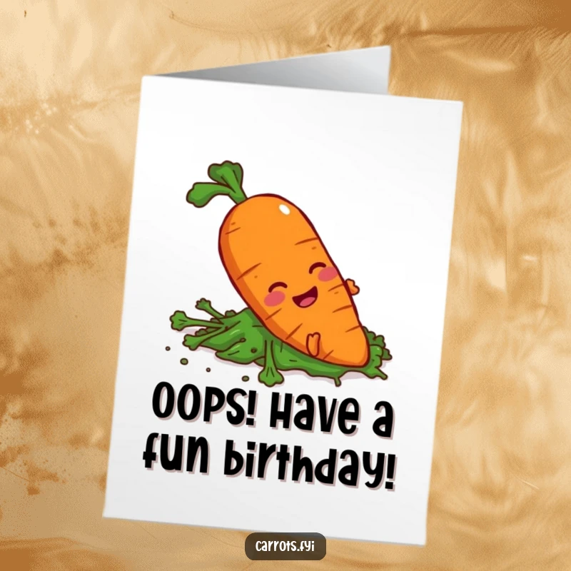 Funny Free Printable carrot character comically slipping on spilled greens, a birthday mishap with lots of laughs.