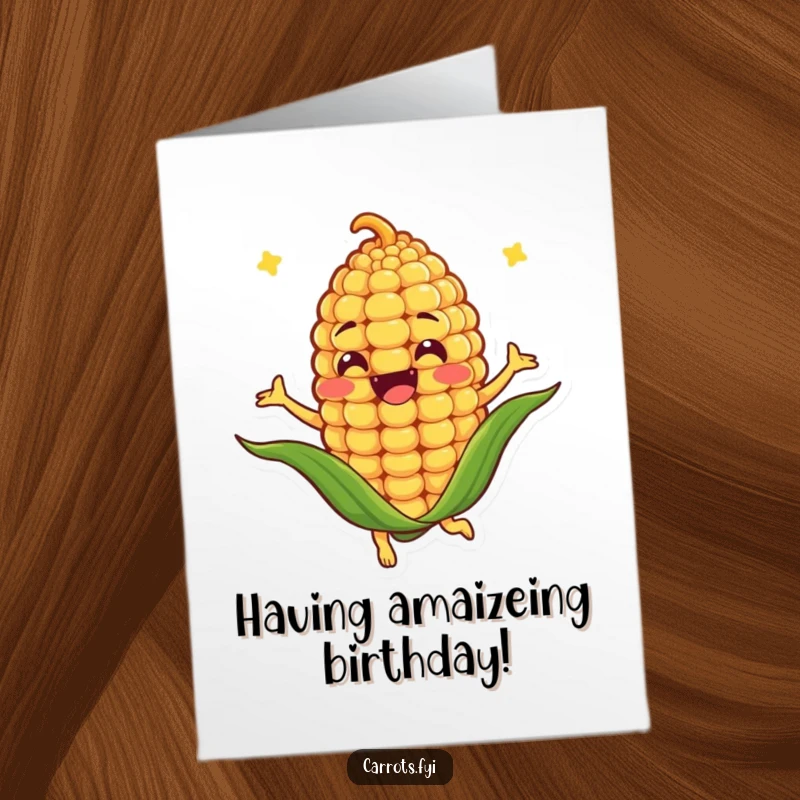 Funny Free Printable Birthday Card: An anthropomorphic corn kernel character joyfully spinning around, celebrating a birthday.