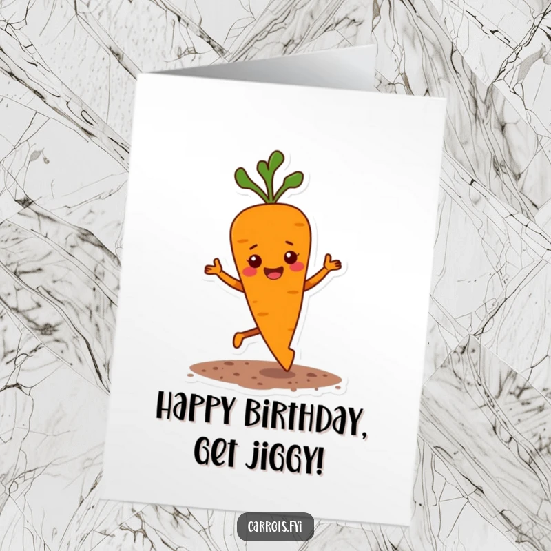 Funny Free Printable Birthday Card: A carrot happily jigs, kicking up soil flecks, radiating pure birthday excitement and energy.