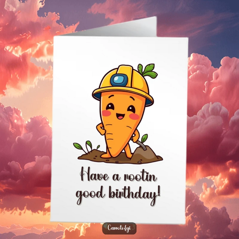 Funny Free Printable Birthday Card of a carrot character in a construction helmet playfully digging in the soil.