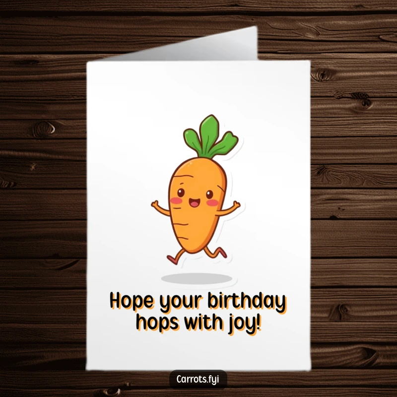 Funny Free Printable Carrot Birthday Card: A carrot with small legs hops merrily, spreading downloadable art birthday joy.