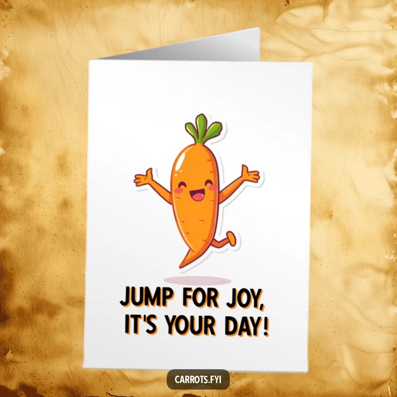 Funny Free Printable Birthday Card: Anthropomorphic carrot character joyfully jumping with excitement, ready to celebrate the occasion.
