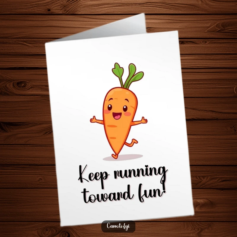 Funny Free Printable Birthday Card: Smiling Carrot Character Doing a Jaunty Little Jog with Enthusiasm
