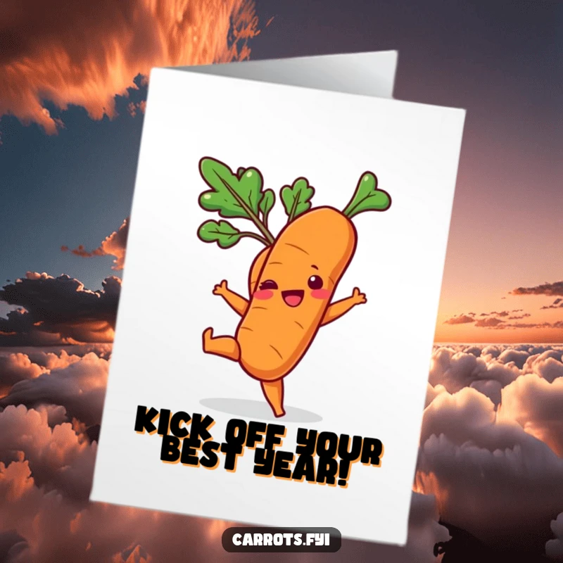 Funny Free Printable Birthday Card: Carrot doing a playful kick with its leafy top, celebrating joyfully.