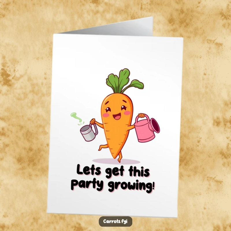 Funny Free Printable Birthday Card: Cheerful carrot character dancing joyfully with a watering can. A fun downloadable gift.