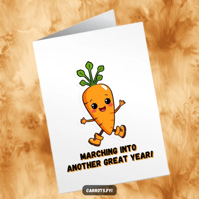 Funny Free Printable Birthday Card: Anthropomorphic carrot character marching proudly in tiny boots, ready to celebrate a birthday.