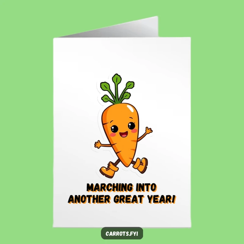 Free Printable Birthday Card: Marching Carrot AI Art Funny Downloadable Greeting