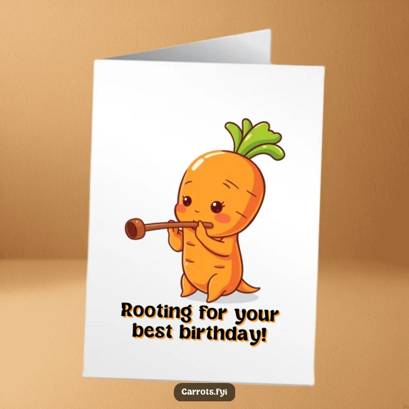 Funny Free Printable Birthday Card: Carrot playing a tiny flute with a hollow stalk, looking joyful.