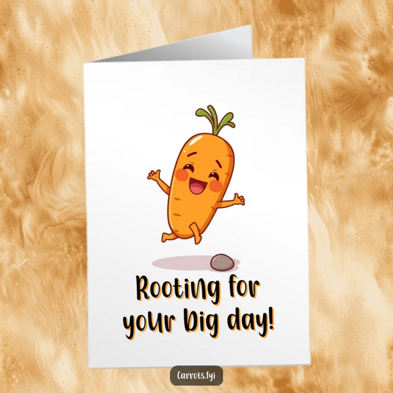 Funny Free Printable Birthday Card featuring a cheerful carrot kicking a pebble with excitement, perfect for downloads.