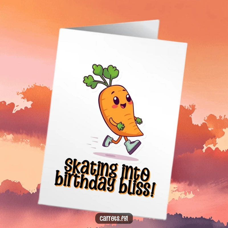 Funny Free Printable Birthday Card: A carrot on roller skates speeds along with joy, perfect for a fun birthday download.