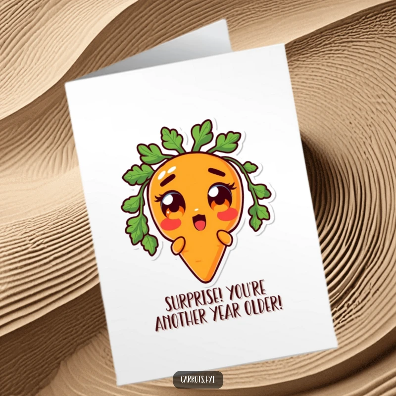 Funny Free Printable Birthday Card: Anthropomorphic carrot character with huge, surprised orange eyes, reacting to birthday news.