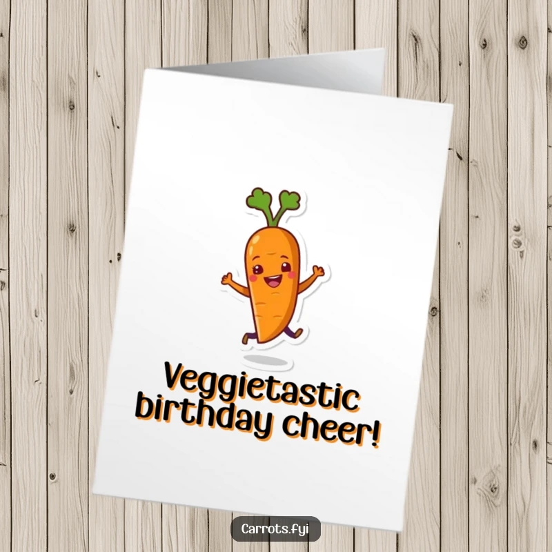 Funny Free Printable Birthday Card of a carrot character doing a happy, wiggling dance, spreading cheer and laughter.