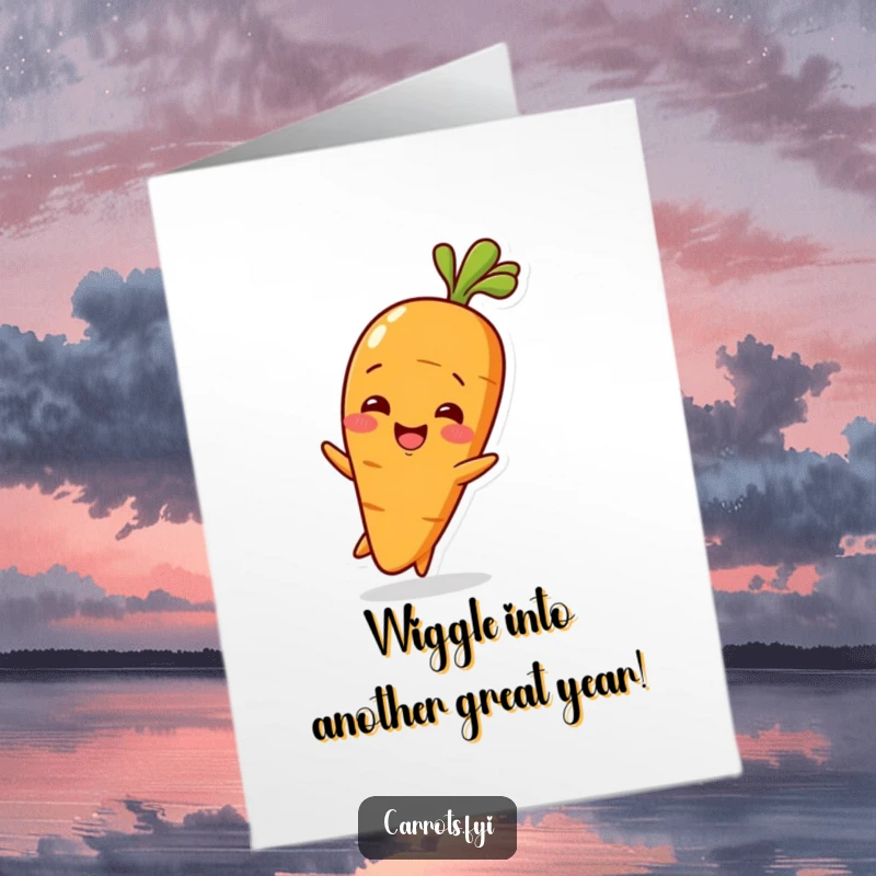 Funny Free Printable Birthday Card: A cute baby carrot character wiggles with pure delight, radiating happiness.