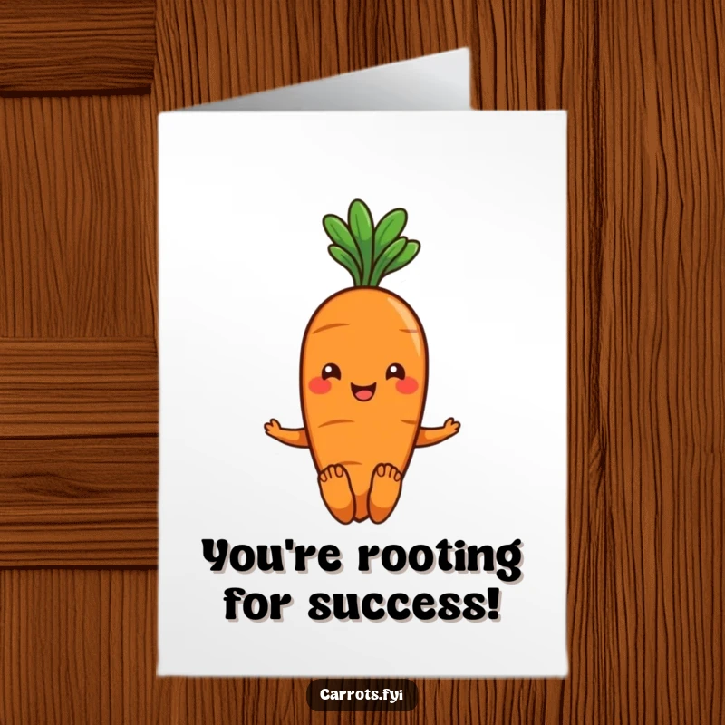 Funny Free Printable Carrot Congratulations Card: A carrot with green hair wiggling toes in celebration, a fun downloadable art message.
