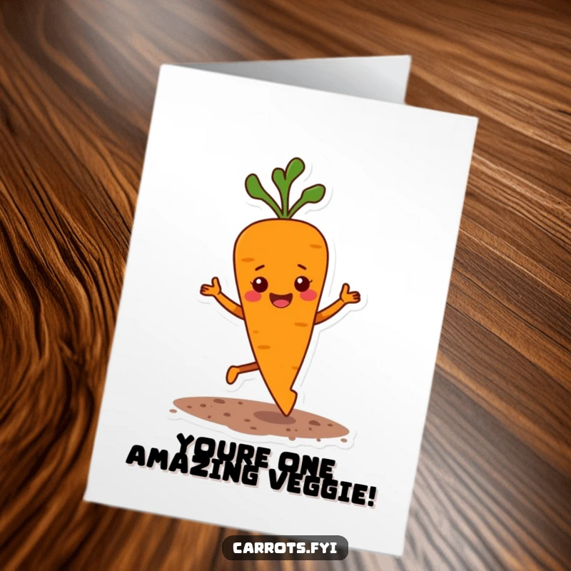 Funny Free Printable Congratulations Card: A carrot does a joyful jig, scattering soil, perfectly celebrating a big achievement.