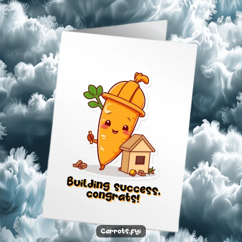 Funny Free Printable Congrats Card: A carrot in a hard hat proudly surveying a small food structure they built, symbolizing achievement.