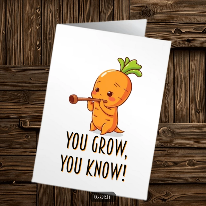 Funny Free Printable Congratulations Card: Carrot musician tooting a flute, celebrating an achievement.