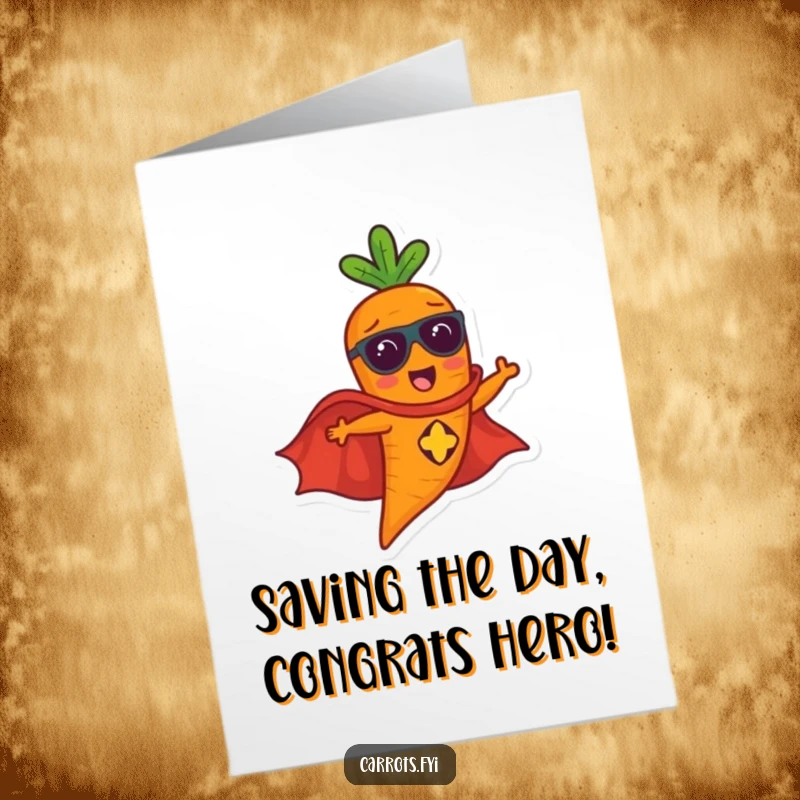 Funny Free Printable Congrats Card: A carrot in a superhero cape triumphantly flying, celebrating a fantastic achievement.