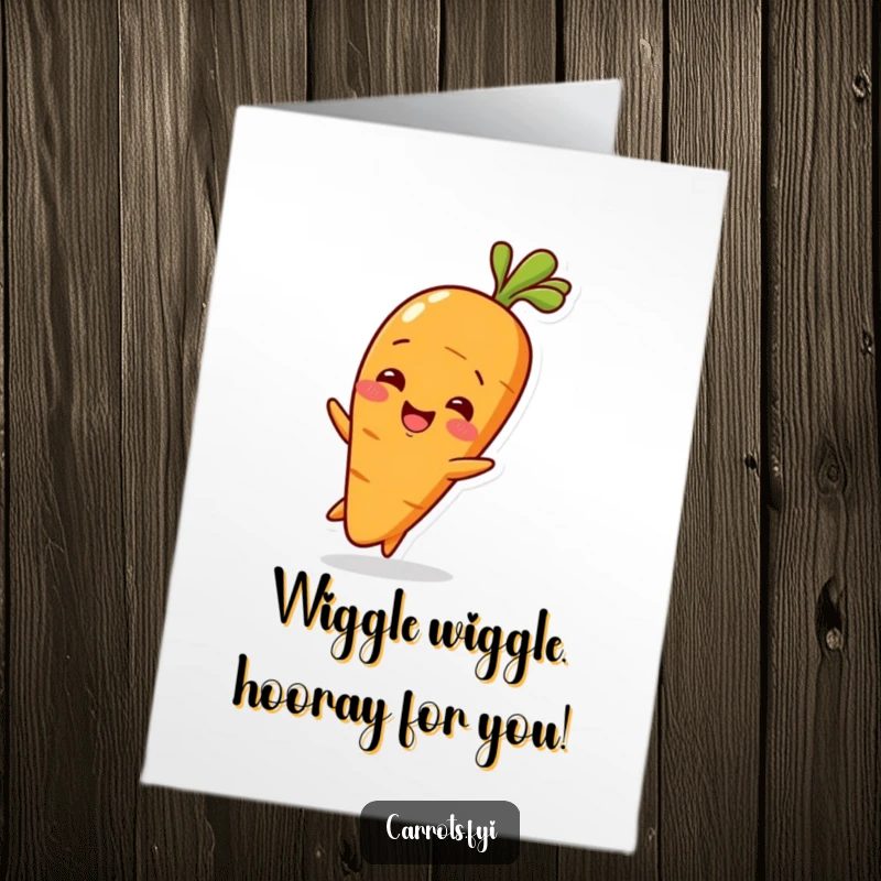 Funny Free Printable Congratulations Card: A charming baby carrot character wiggles with excitement, celebrating new beginnings.