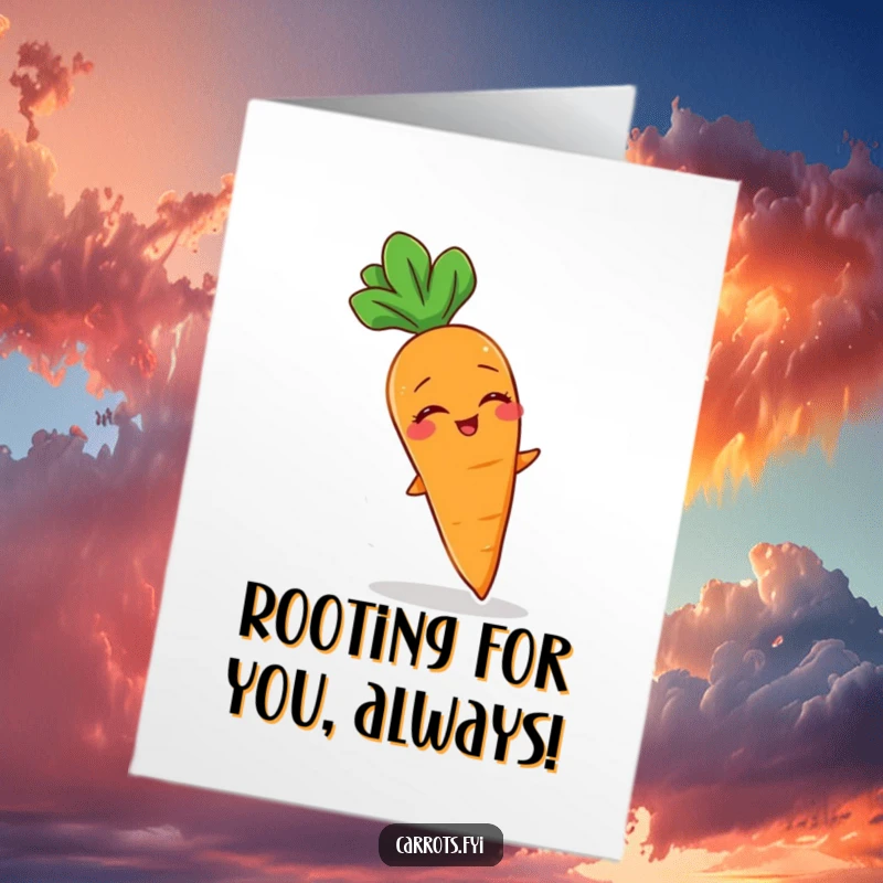 Funny Free Printable Congratulations Card: Giggling carrot character delightedly caught in a gentle breeze, celebrating an achievement with joy.