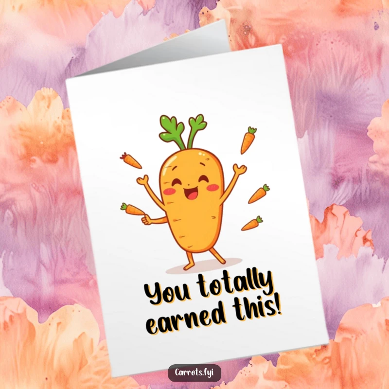 Funny Free Printable Congrats Card: A cheerful carrot character skillfully juggling carrot sticks with a smile.
