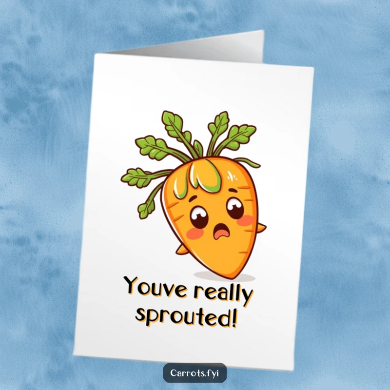 Funny Free Printable Congratulations Card: A bewildered carrot sprouts leafy green hair, symbolizing shocking good news and celebration.