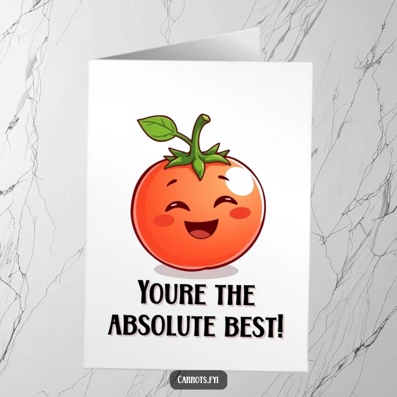 Funny Free Printable Congratulations Card: A happy tomato with a broad grin, celebrating success with juicy enthusiasm.