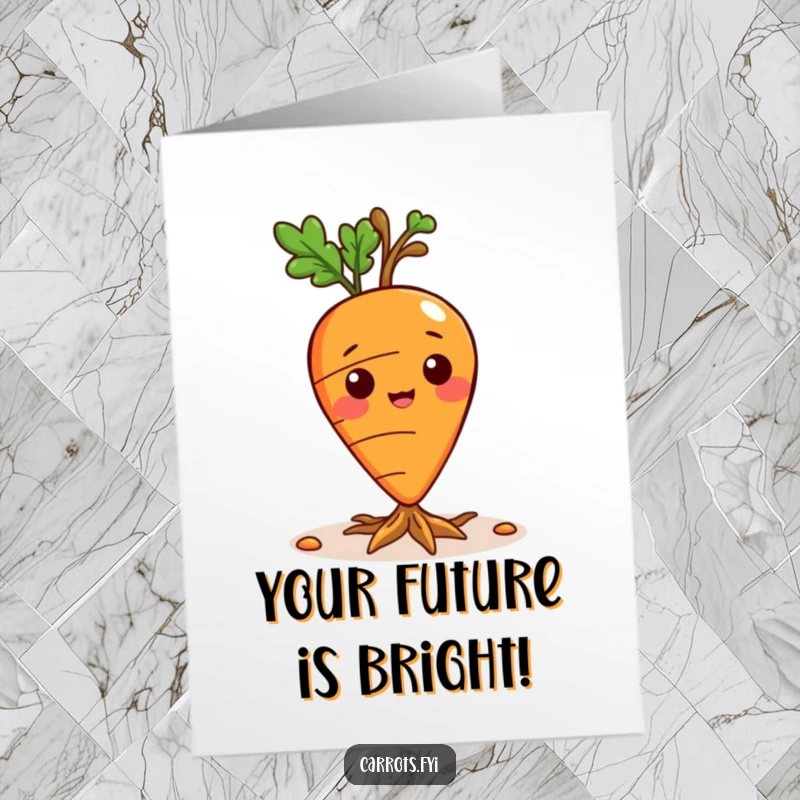 Funny Free Printable Congratulations Card: Playful carrot character sprouting visible tiny roots, signifying strong foundations and success.