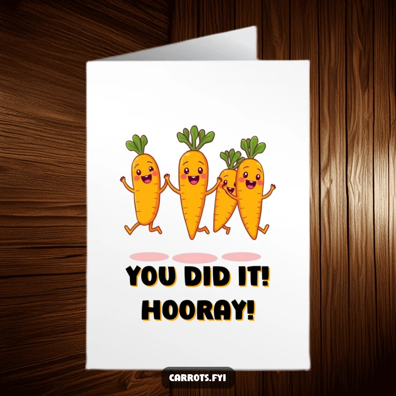 Funny Free Printable Congratulations Card: A group of grinning carrots performing a synchronized jump, perfect for cheering someone on, a downloadable gift.