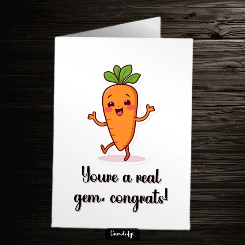 Funny Free Printable Congratulations Card of a carrot character doing a silly, wiggling dance to celebrate.
