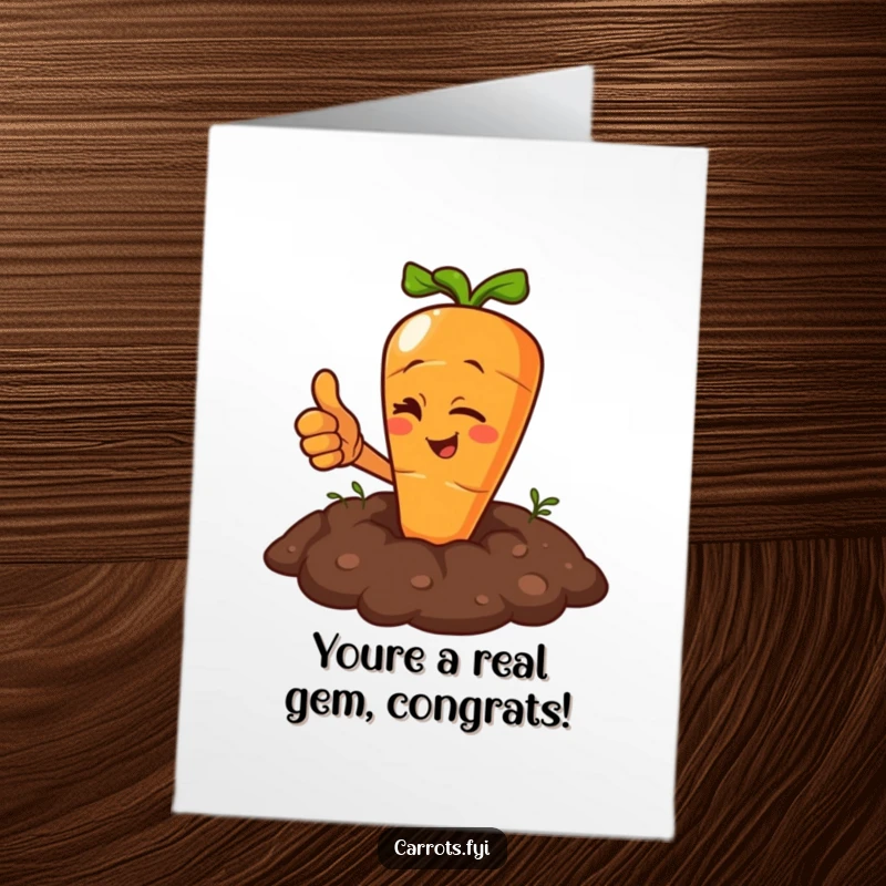 Funny Free Printable Congratulations Card featuring a carrot character winking and giving a thumbs up from the soil.
