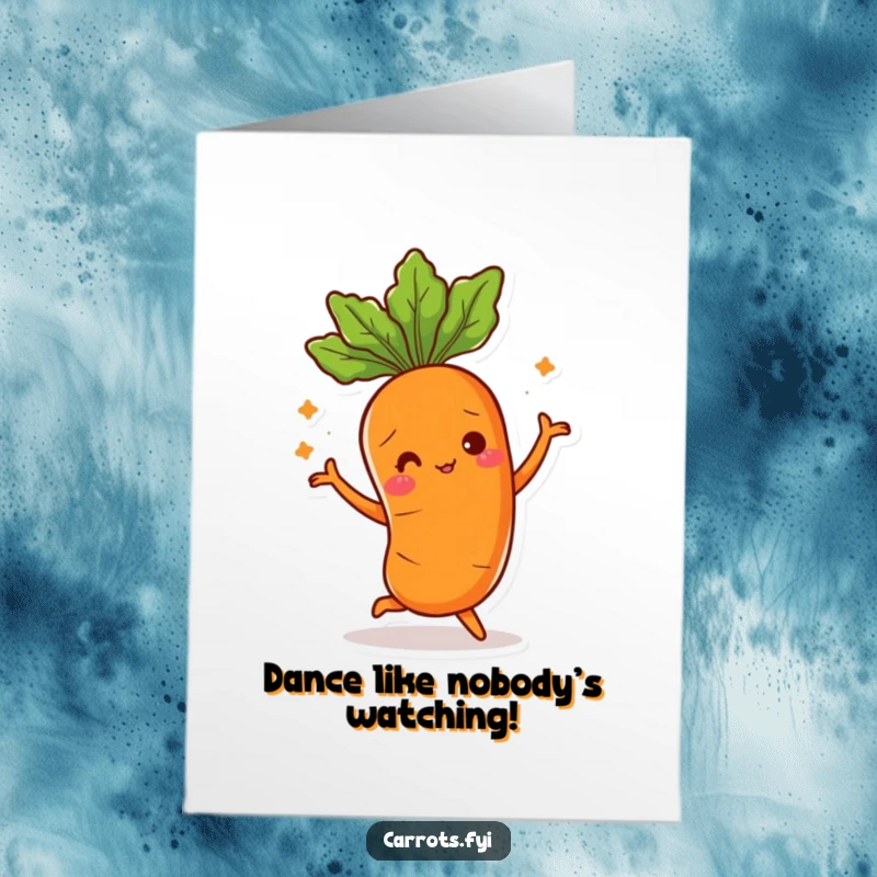 Funny Free Printable Congratulations Card showing a carrot doing a goofy dance with its greens, great for exciting news.