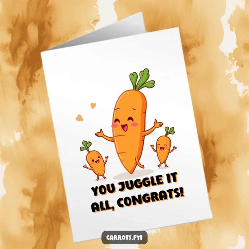 Funny Free Printable Congratulations Card: A skilled carrot juggles playful root vegetables, celebrating achievements with downloadable flair.