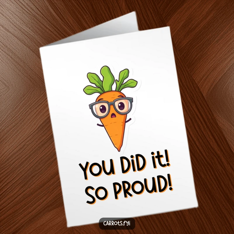 Funny Free Printable Congratulations Card: Shocked carrot wearing big glasses, celebrating win, downloadable.