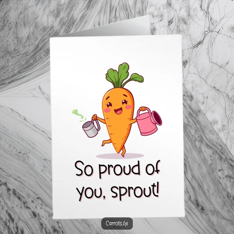 Funny Free Printable Congrats Card: A happy carrot character dancing with a watering can. A festive downloadable gift.