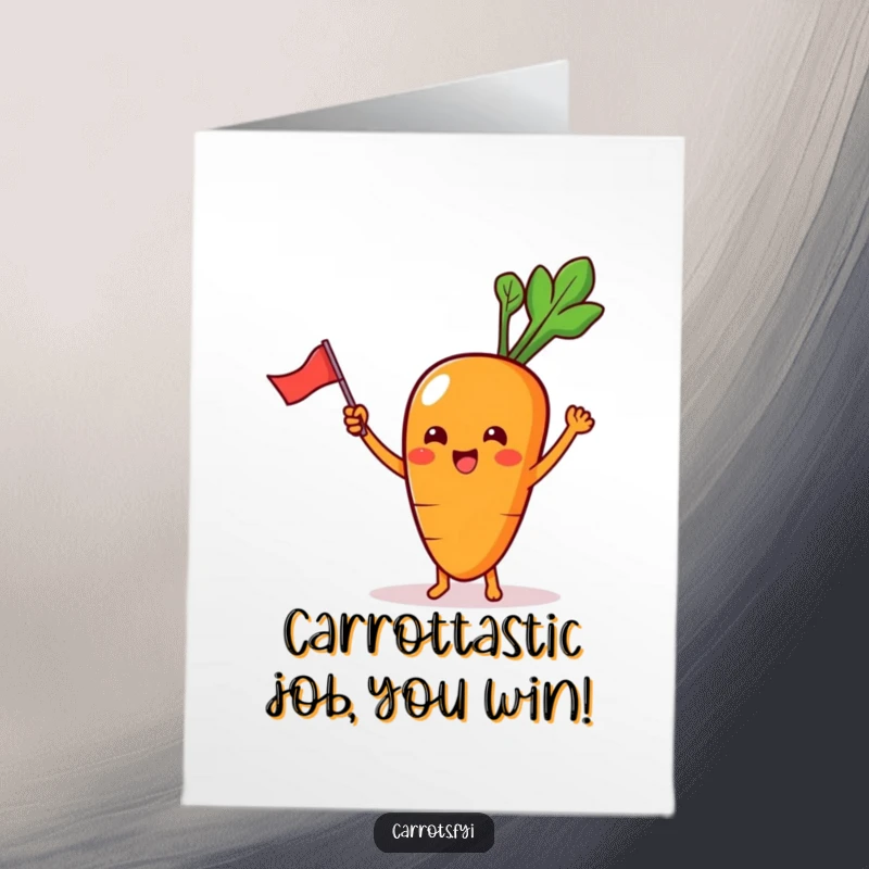 Funny Free Printable Congratulations Card: Kawaii carrot character waves a tiny flag, celebrating a win.