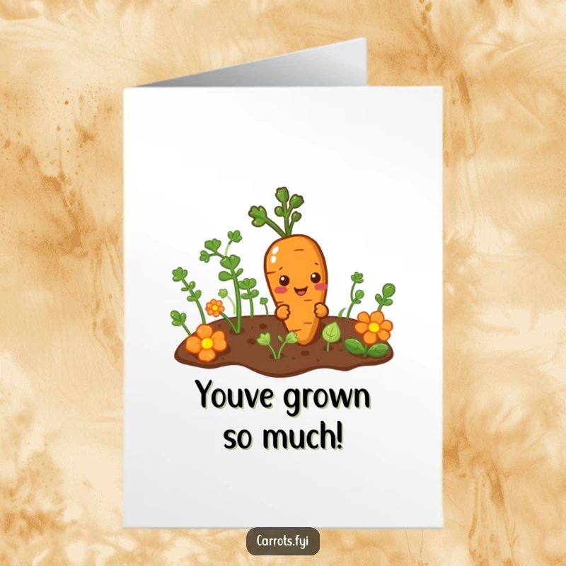 Funny Free Printable Congrats Card: A carrot character peeking slyly from the garden. A humorous downloadable gift.